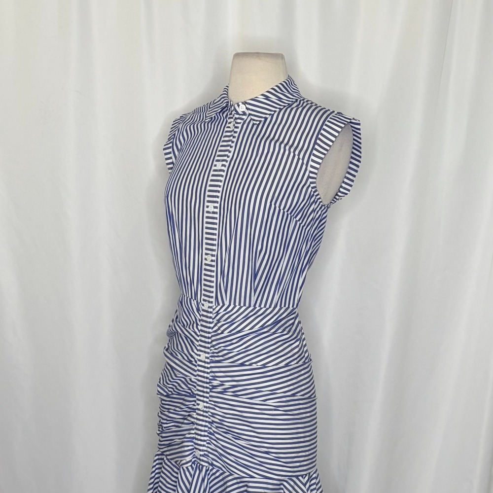 VERONICA BEARD Bell Bottom Ruched Seersucker Shirt Dress Shirtdress Preppy 0 - Picture 9 of 16